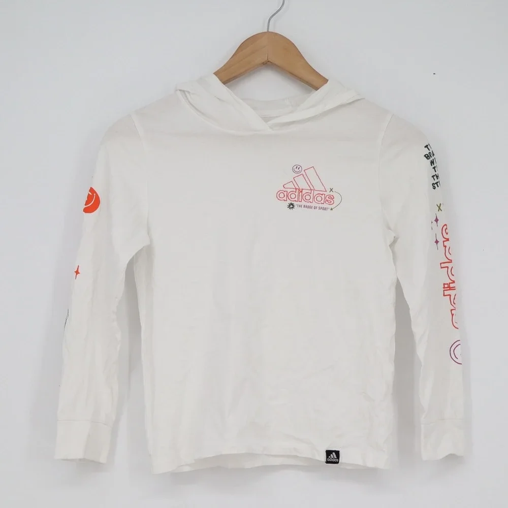 Adidas White Graphic Hooded Long Sleeve T-Shirt Doodle Logo Small